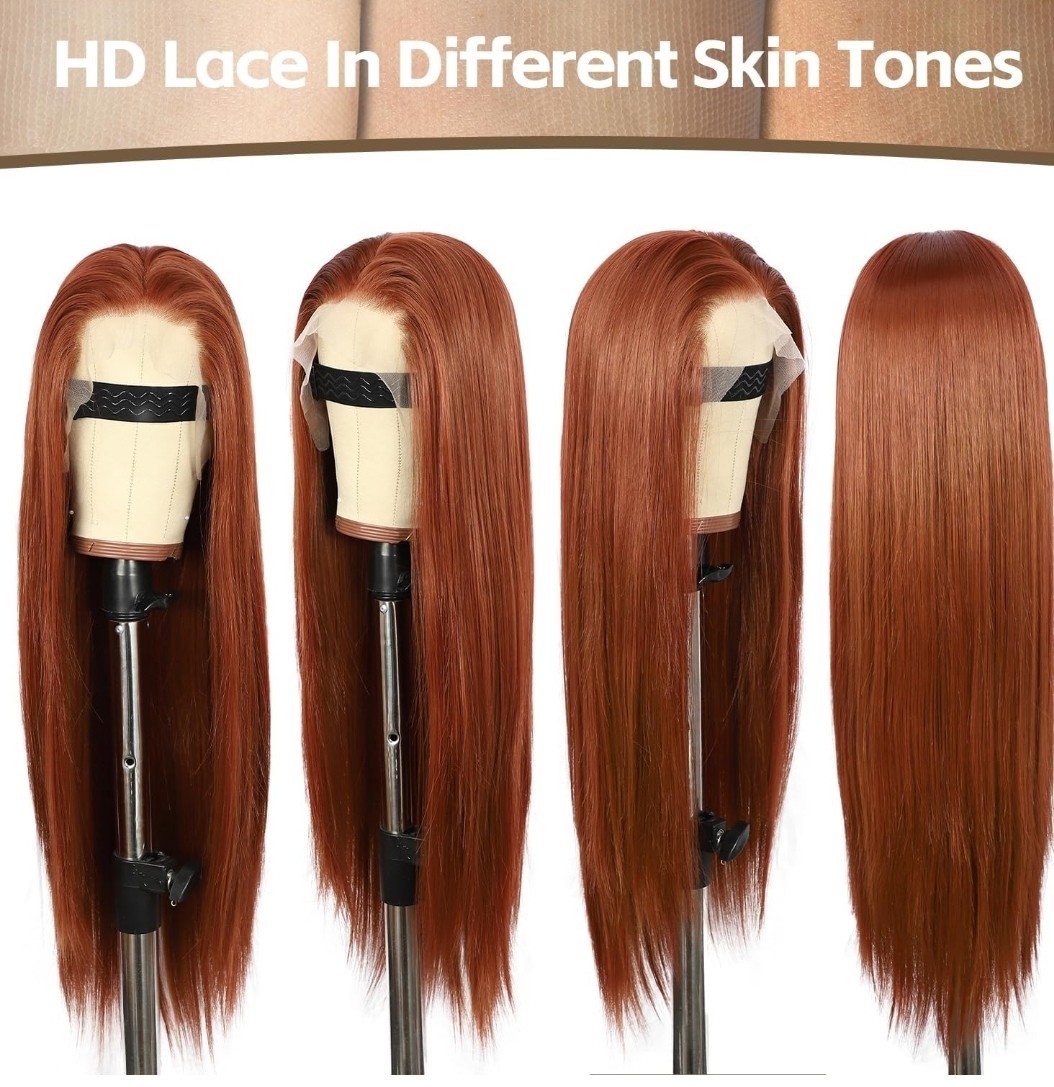 Long HD Transparent Lace Front Wig Auburn Red Red Blonde Human Hair Wavy Curls
