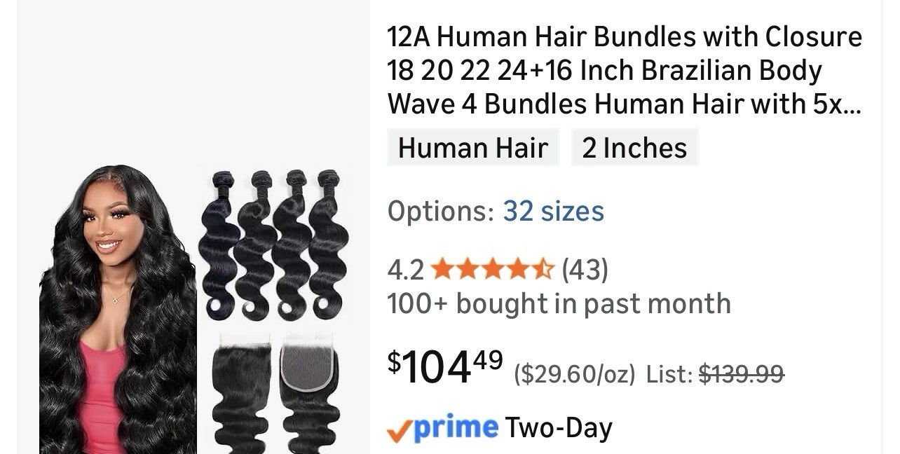 12A Human Hair Bundles with Closure, 18 20 22 24 +16in Brazilian Virgin Hair