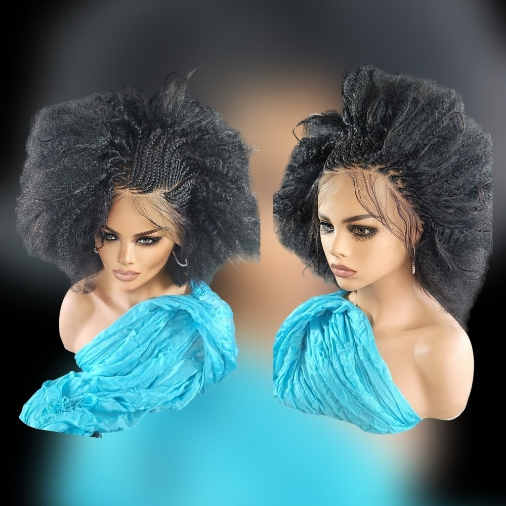 Braided Wig Short Afro Kinky Black Lace Front Glueless Baby Hair 4″ Handmade NWT