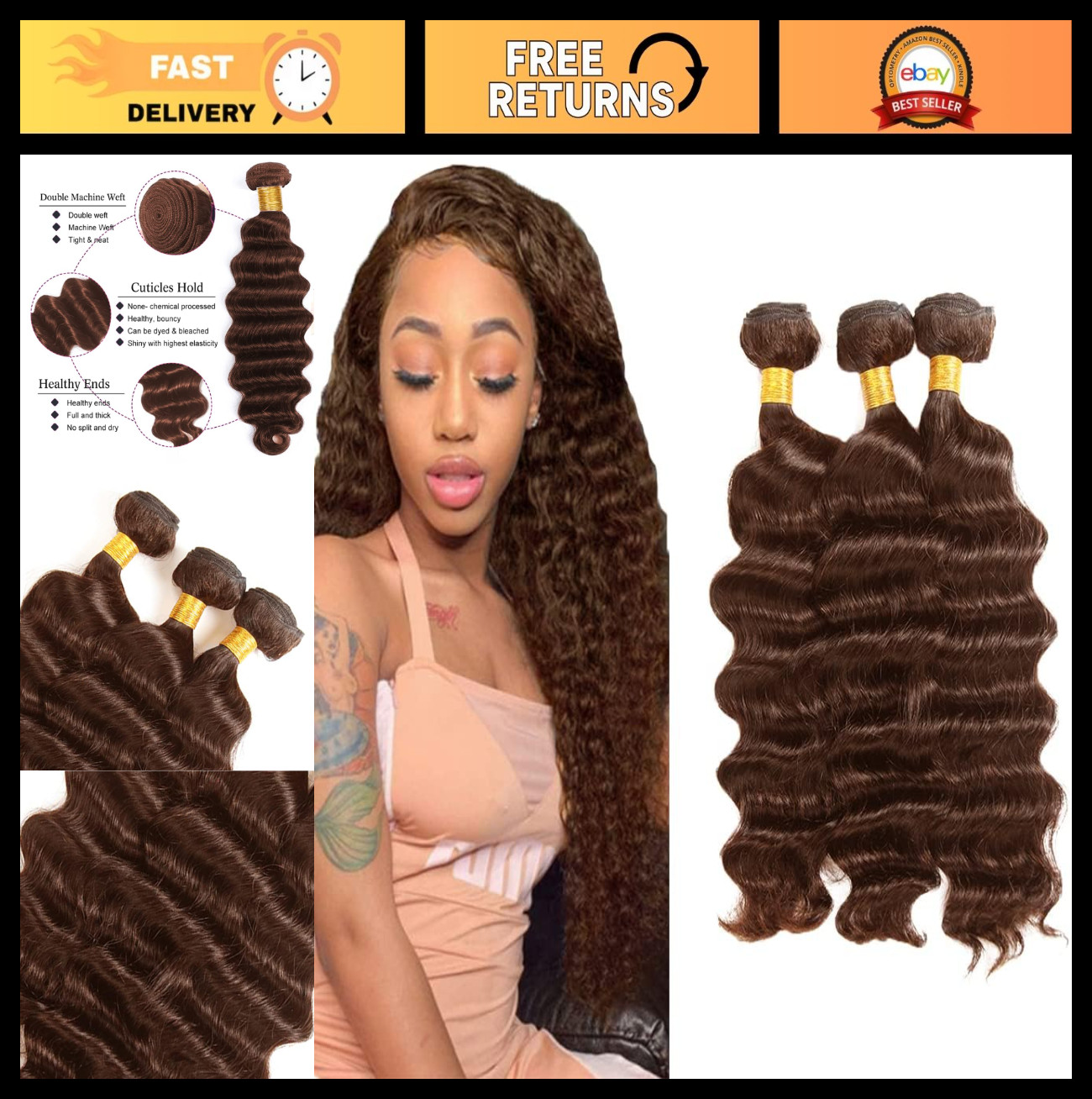 Deep Wave Human Hair Extensions 22-26 Inch #4 Brown 3 Bundles 100g 10A Grade