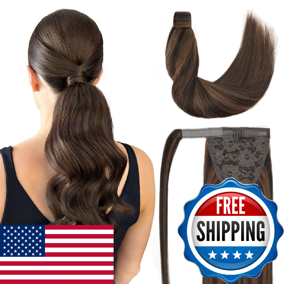 Amygirl Ponytail Extension Human Hair 14 Inch Dark Brown To Chestnut Brown