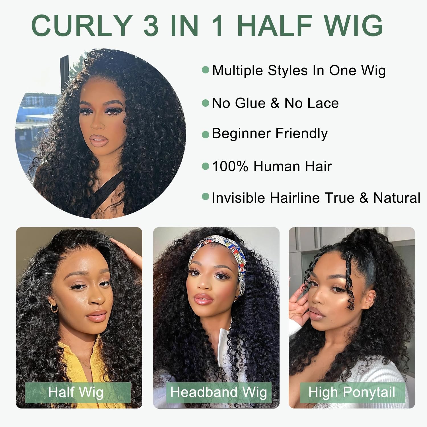 Deep Wave Half Wig Human Hair 3 In 1 Glueless Wigs for Black Women, 200% Dens…