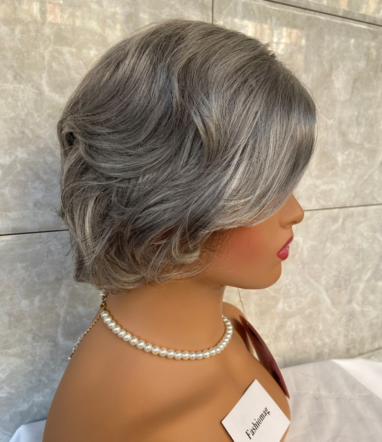 Salt and Pepper Gray Mix Wavy Hairstyle Synthetic Hair Wigs Women Soft