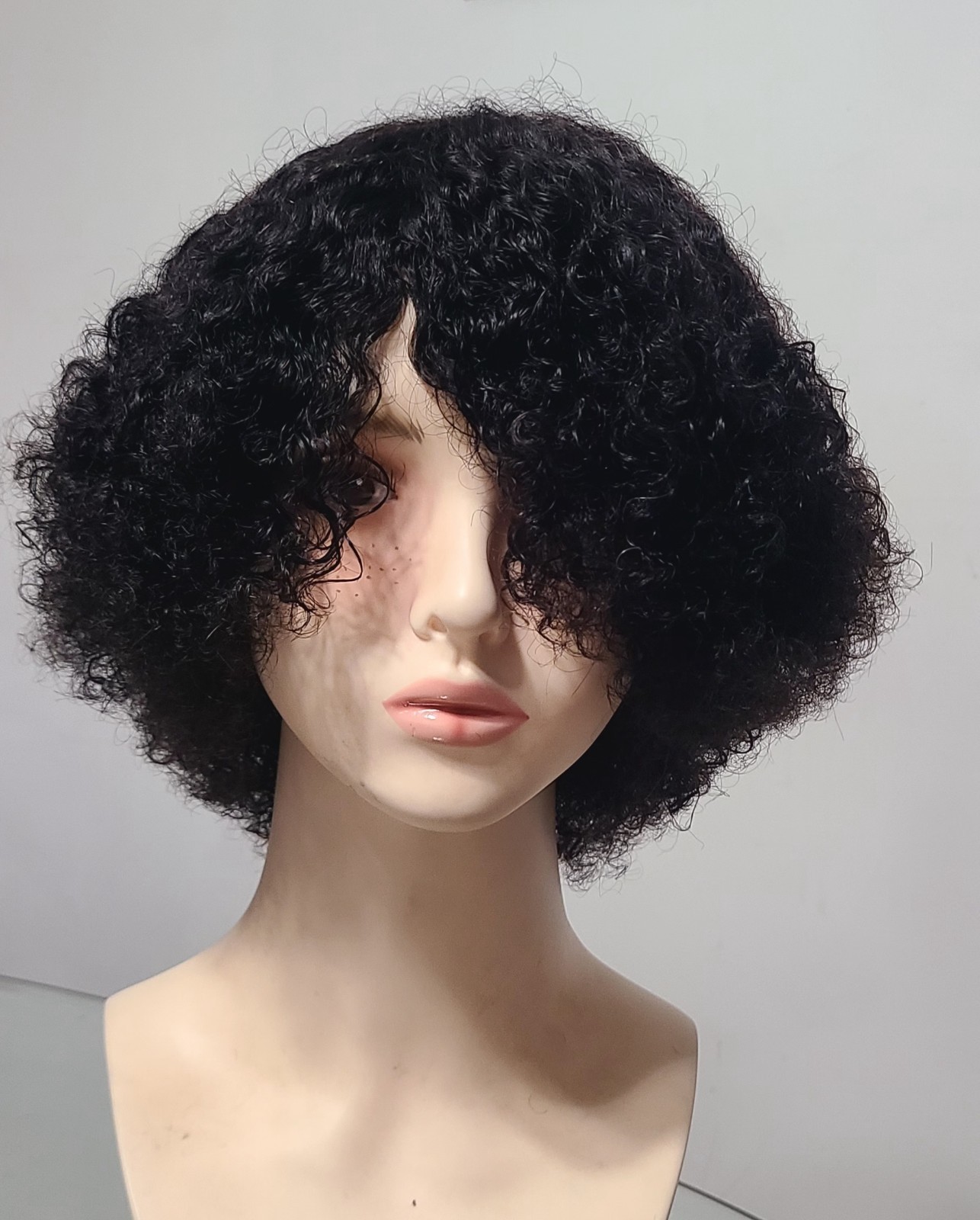10″Jerry curl,100% human hair Wig with bangs density 200% Natural Color.