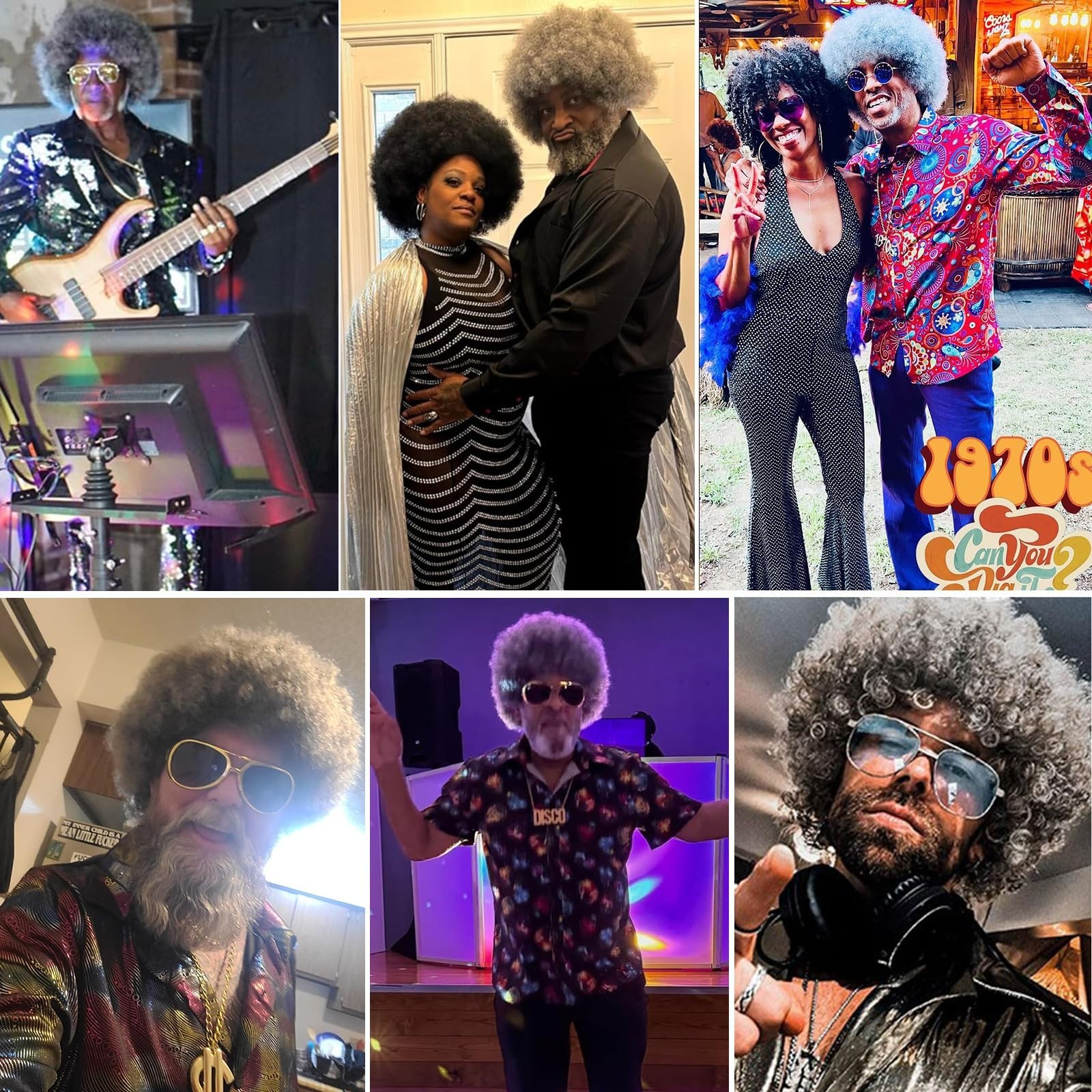 Fluffy Short Grey Afro Wig with Glasses – Heat Resistant Curly 70s 80s Costume P