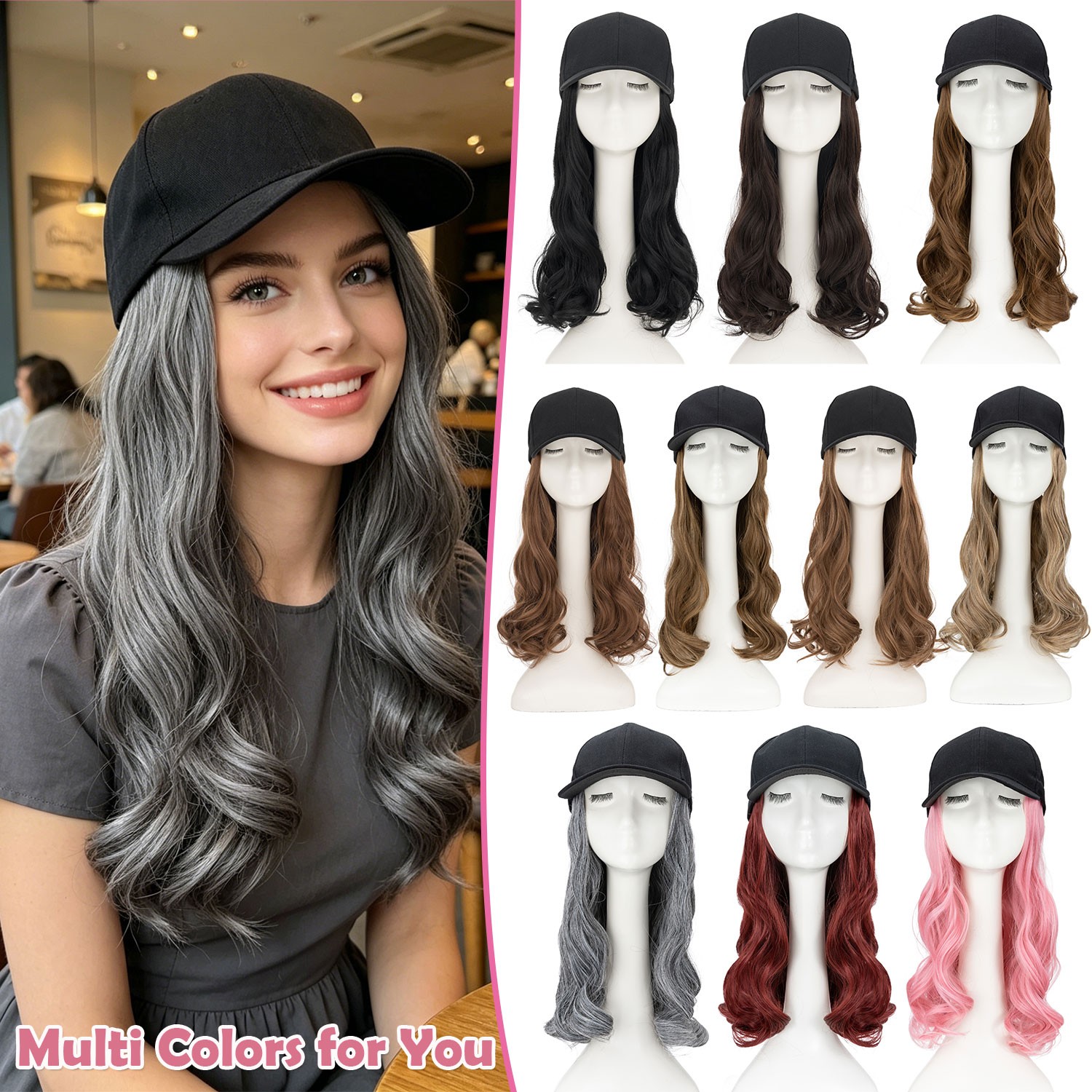 Instant Style 16″ Body Wave Cap Wig Adjustable Baseball Hat with Attached Hair M