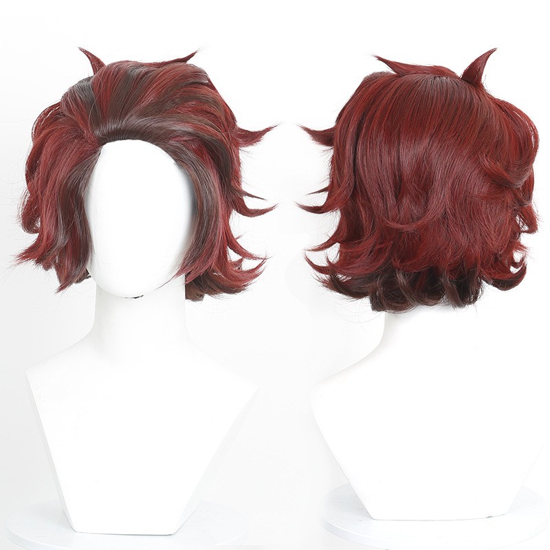 Demon Slayer Tanjiro Kamado Short Spiky Red Black Wig Synthetic Cosplay Party