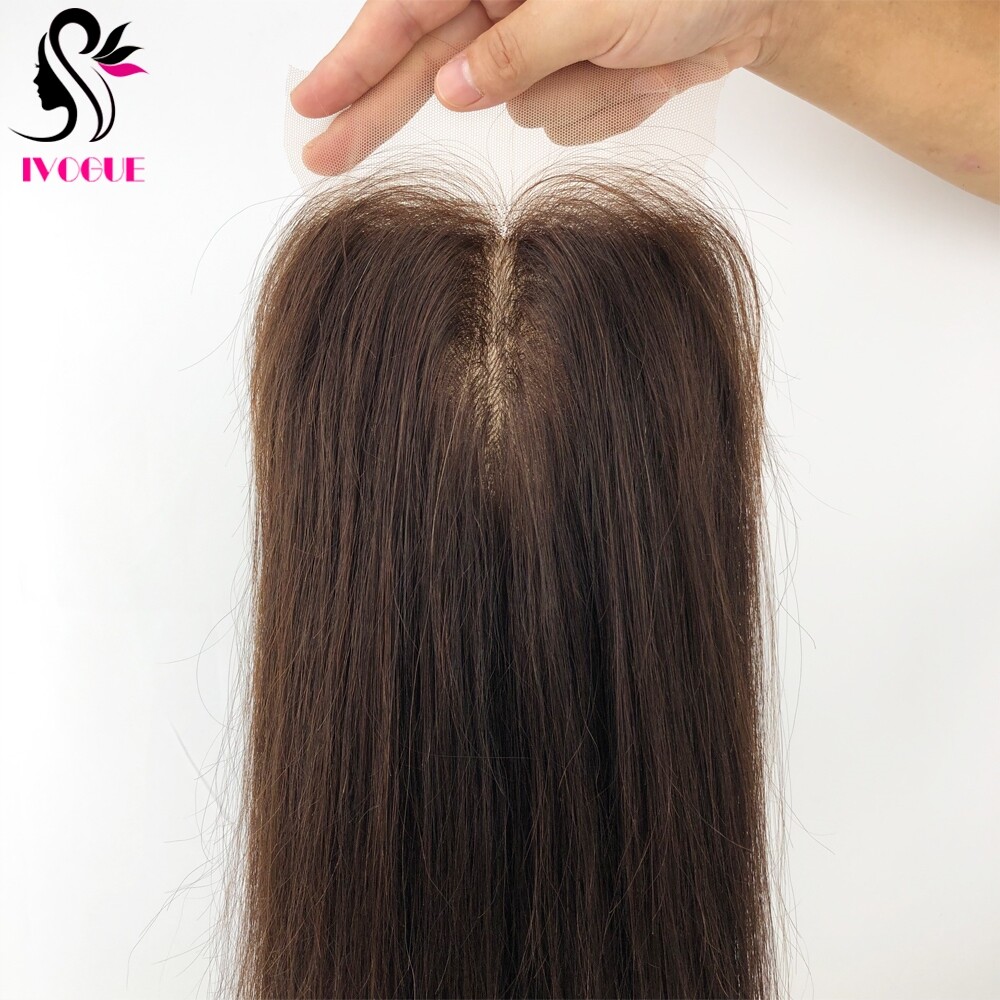 Dark Brown Human Hair Lace Closure Silk Base Straight Hair Piece Scalp Skin