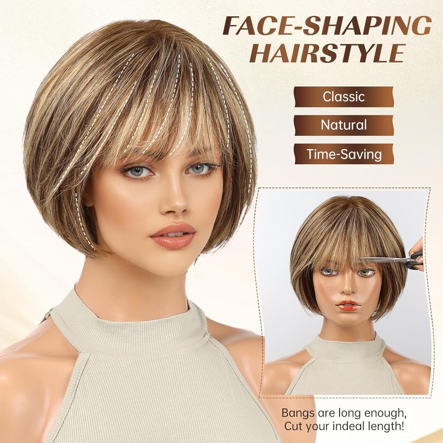 Short Bob Brown Mixed Blonde Wigs for Women 100% Human Hair Wigs with Bangs