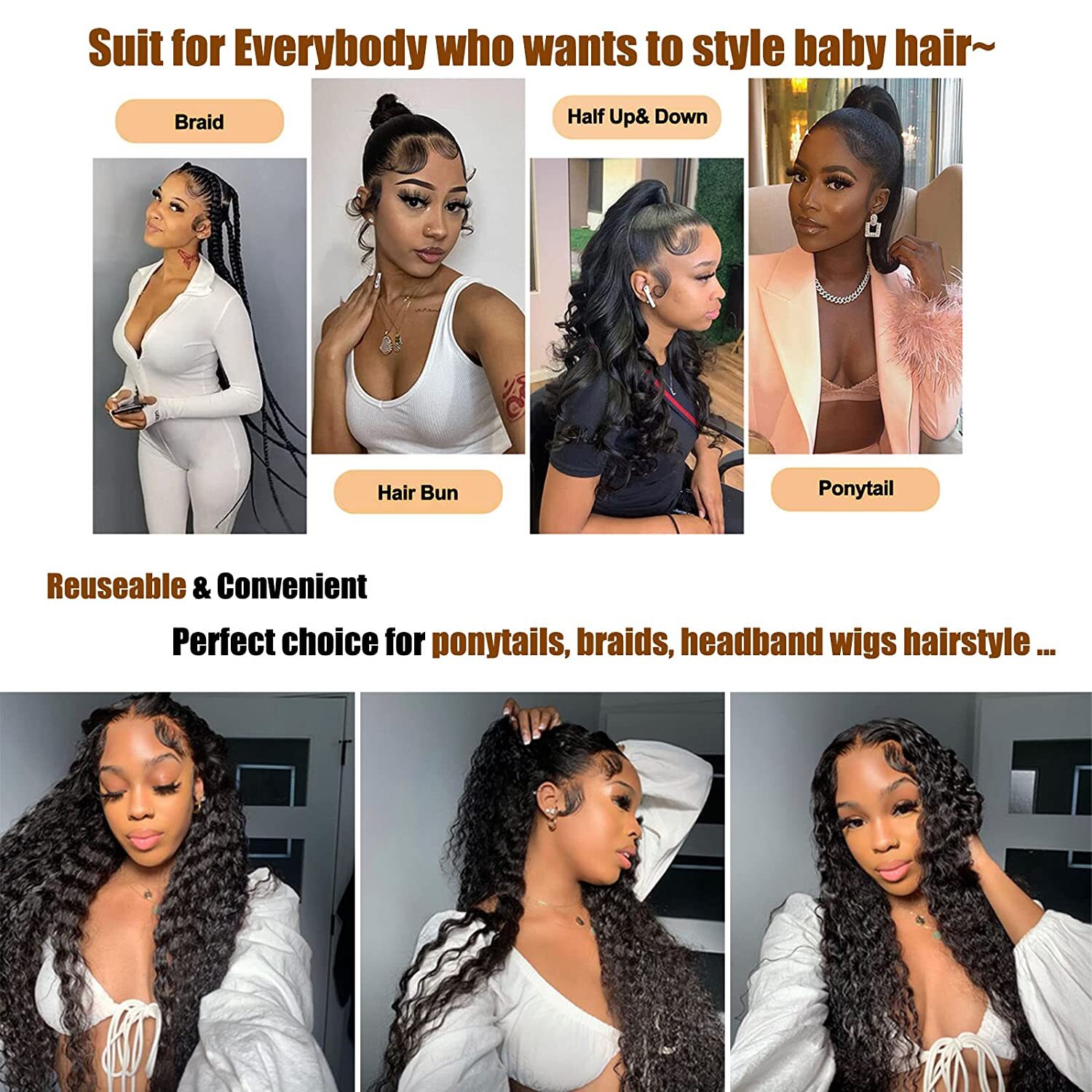 Invisible Baby Hair Lace Edge Stripes Reusable Remy Human Hair Piece Black Women