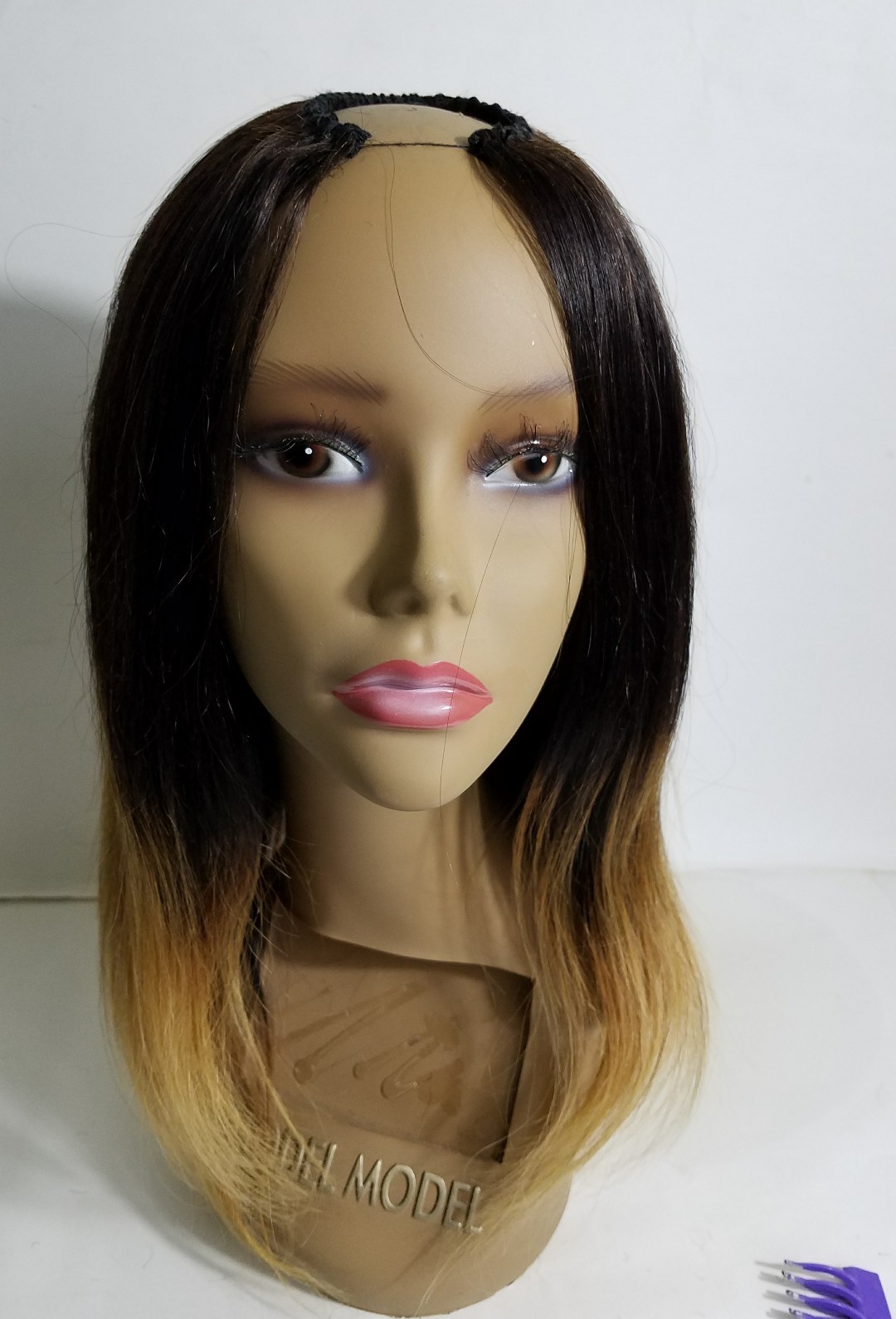 Wig Handmade U PART 100% Human Remy Hair 12” 14” Black/Blonde Ombre