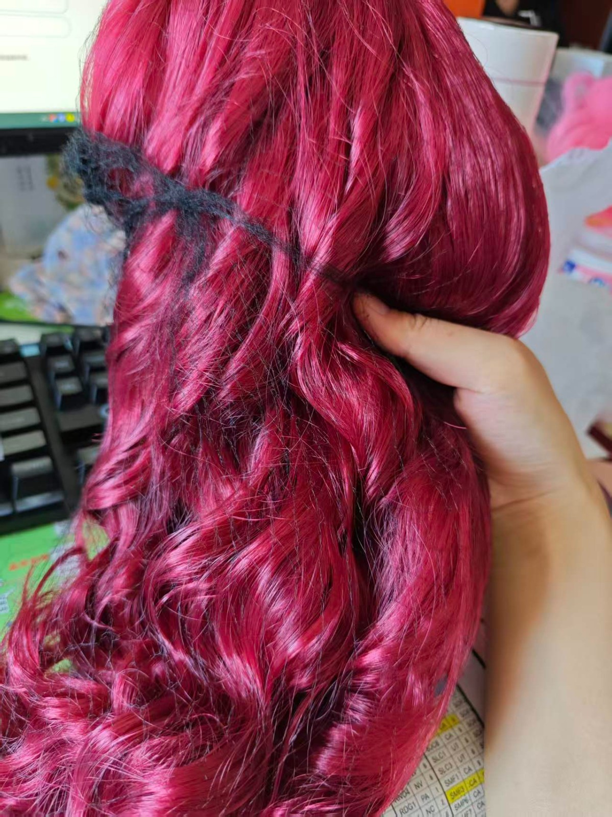 16in Burgundy Red Wig with Bangs Wavy Synthetic Wigs for Black Women Heat Safe
