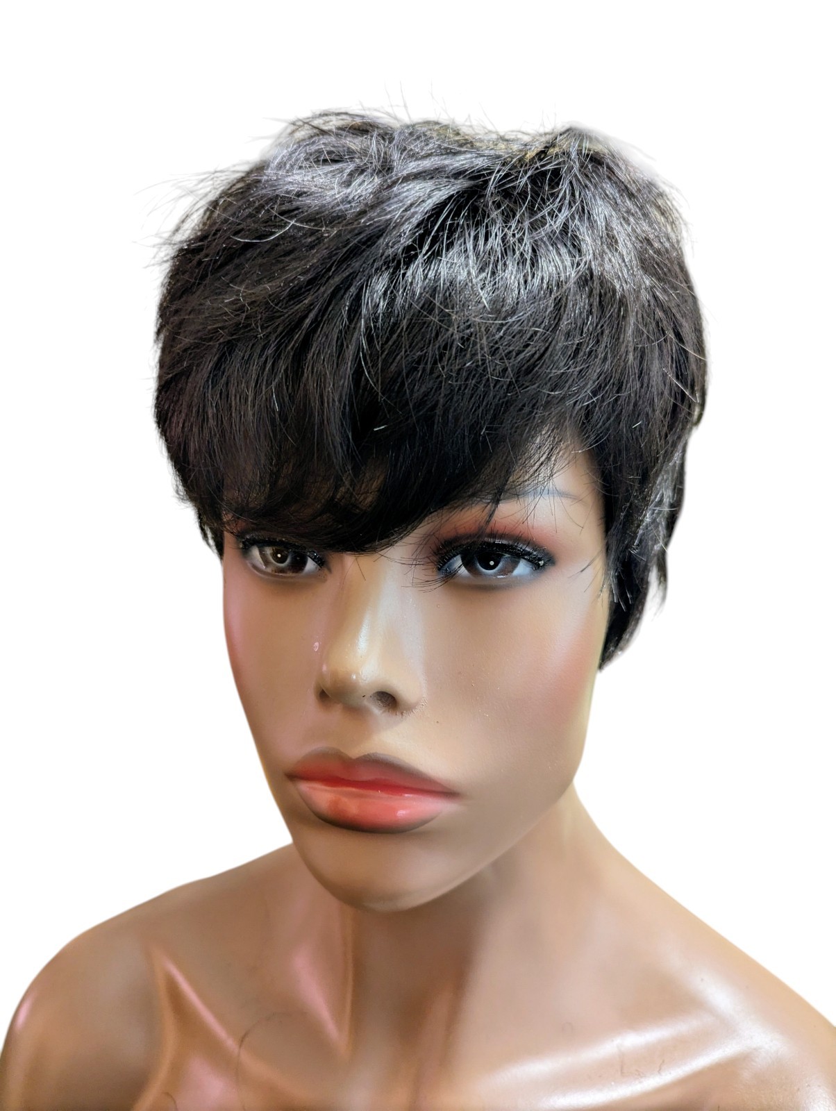 Smooth Short Synthetic Pixie Straight Wig Whispy Bangs Color 1B Off Black
