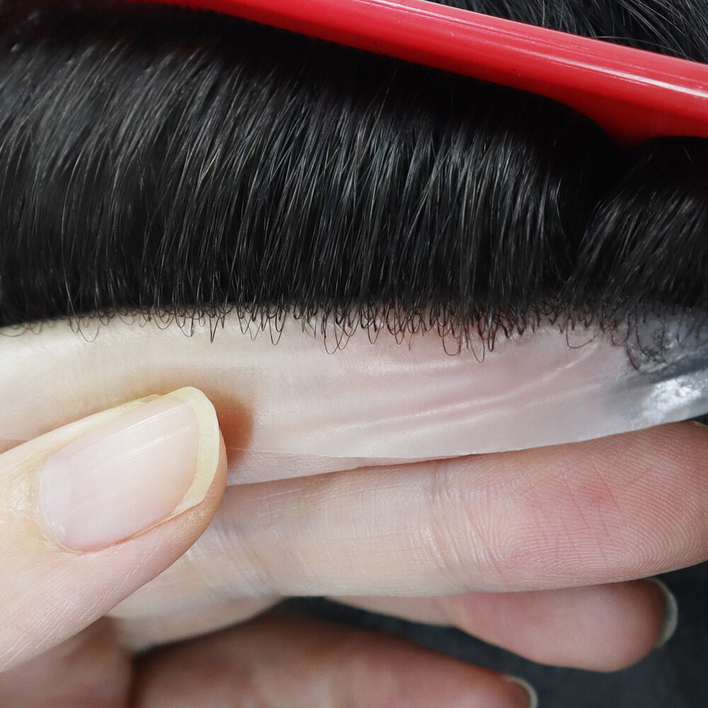 Super Mens Human Hair Thin Skin V Looped Replecement System Hairpieces Gent Wigs