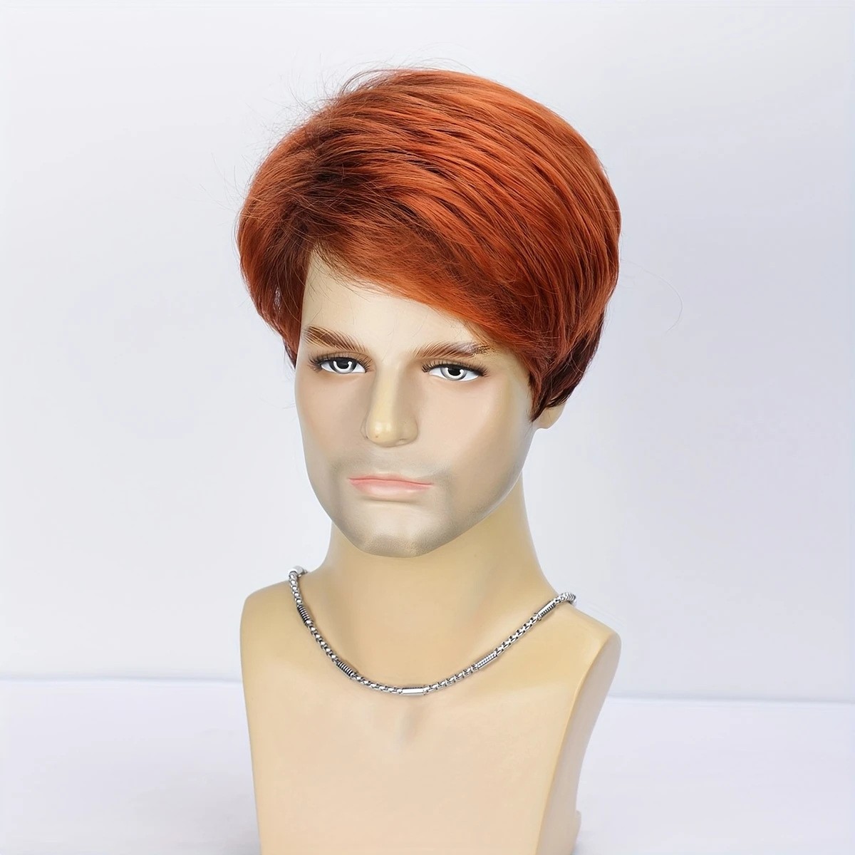 Orange Side Part Short Straight Synthetic Wig Rose Net Full Head Wig for Men