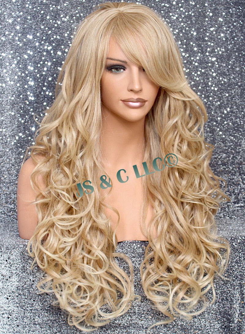 Human Hair Blend Wig Heat OK Curly Long Blonde mix Bangs Layered 27-613 NWT WBBT
