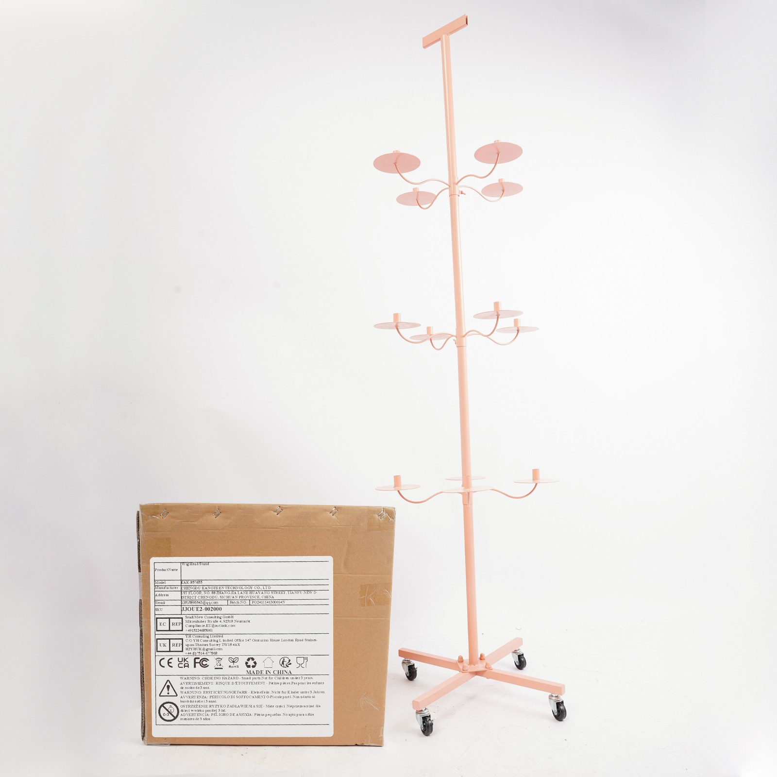 Pink 12-Head Heavy Duty Wig Stand Organizer | Metal Tripod Rack | Salon Display