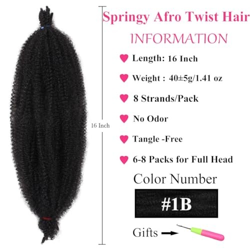 16 Inch Springy Afro Twist Hair 3 packs Pre-Separated 16 Inch (Pack of 3) 1B#