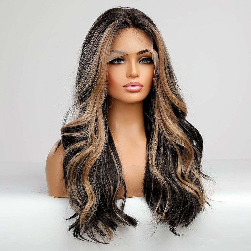 Black With Brown Highlight Lace Front Wig Pre-Plucked 100% Human Hair Body Wave