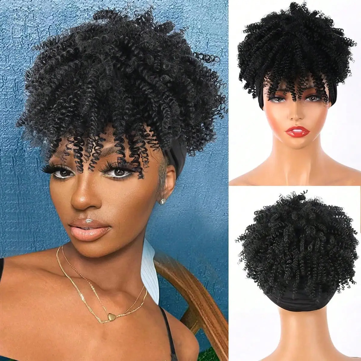Black Soft Synthetic Short African Curly Wig For Women Headwrap fake Hair Strap