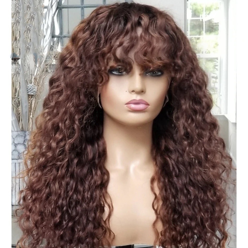Brown Deep Curly Full Machine Made Wigs With Bangs Brazilian Remy Hair Scalp Top