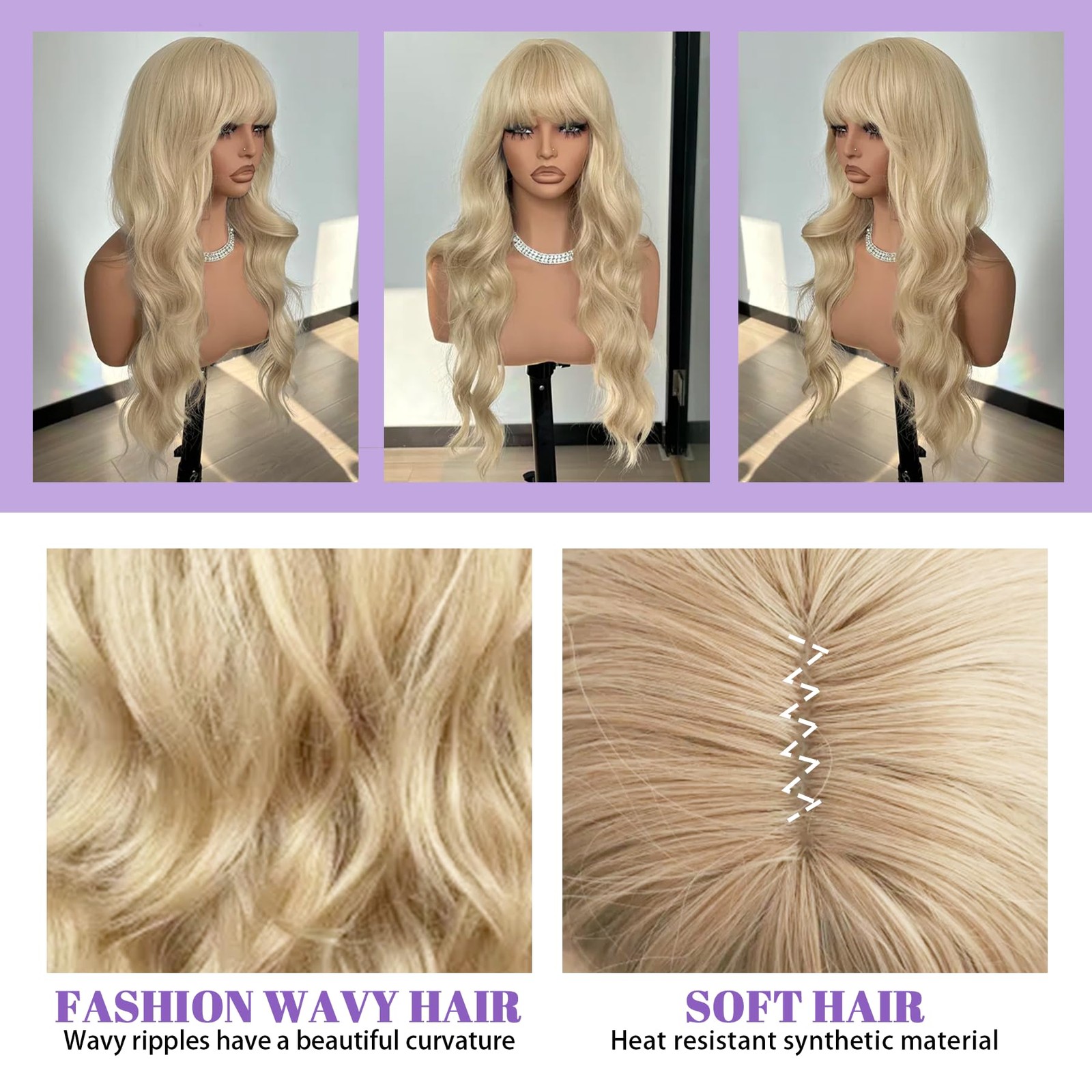 Blonde Wig with Bangs Long Wigs for Women Wavy Wig Curly 26 Inches Long Blond…