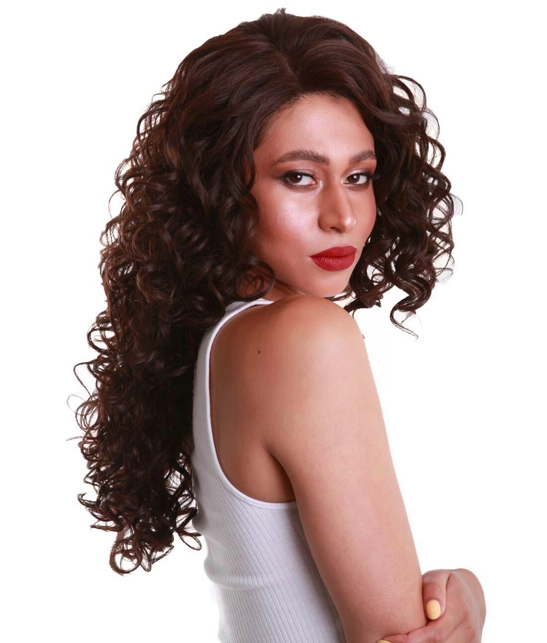 LUXLUXE Mariah Curly 16 Inch Long 7×4 Hand-Tied Lace Front Wig, Medium Brown