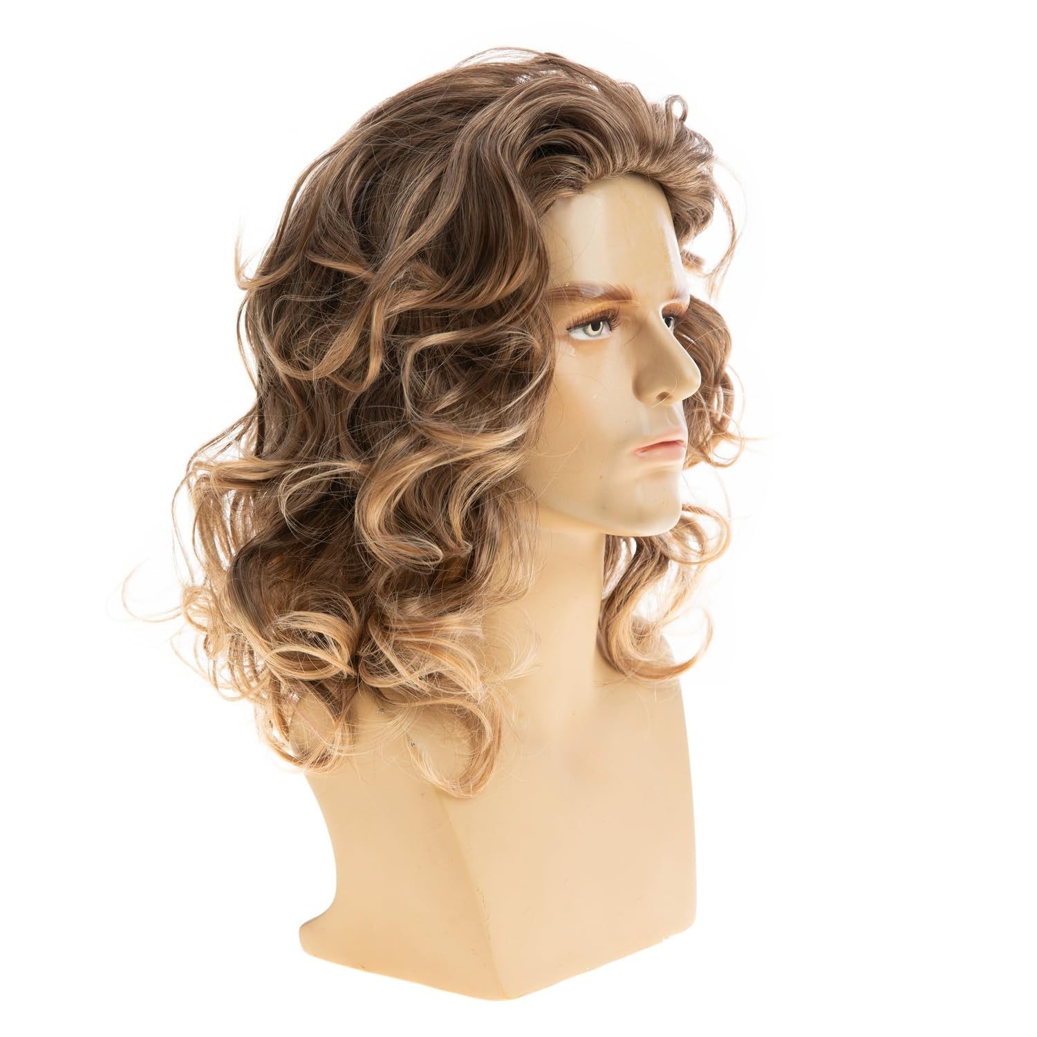 Brown Middle Part Long Curly Wig for Men Rose Net High Temperature Fiber Wig