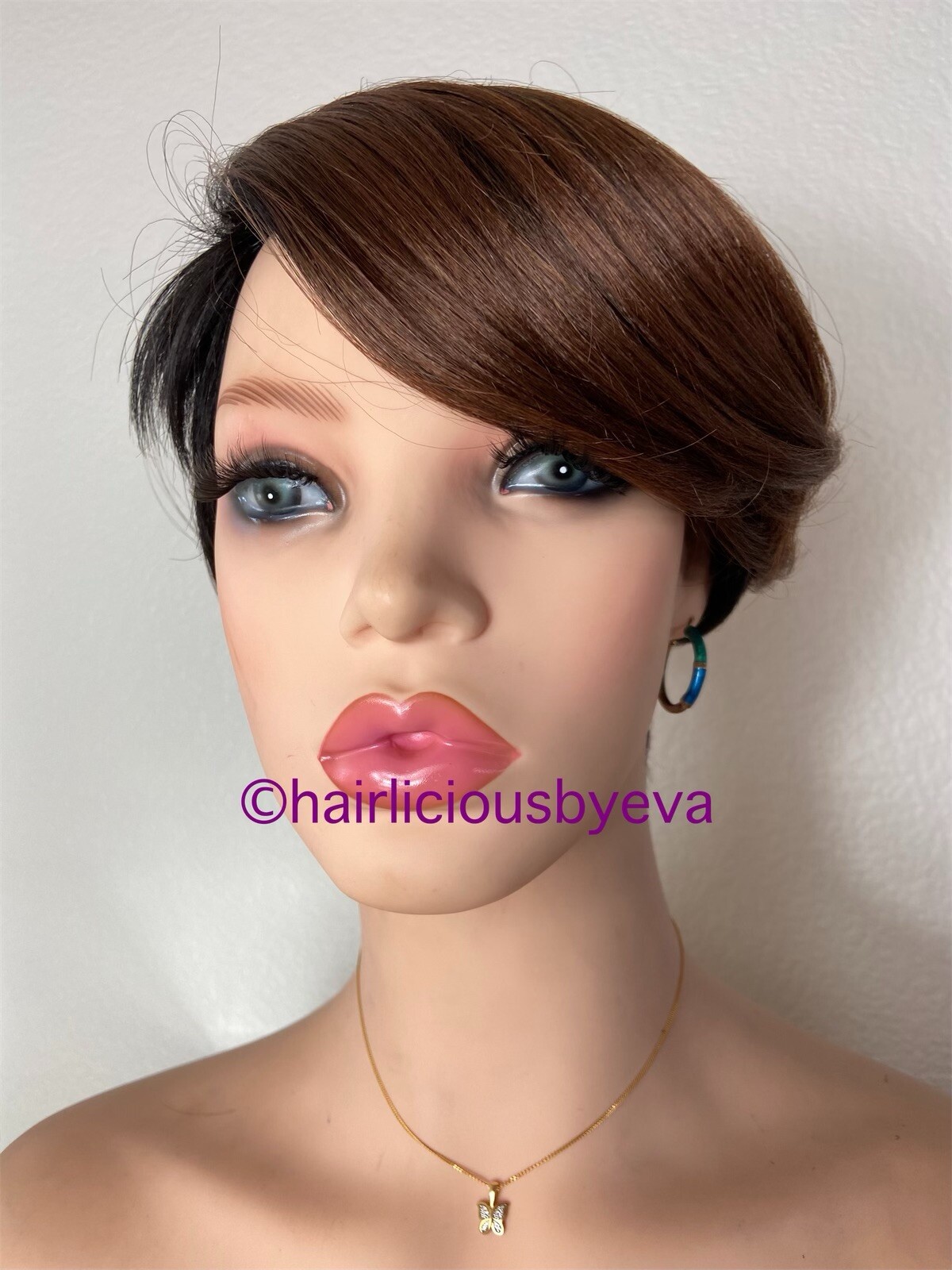 Golden Brown Short Wig Ombré Black Side Part Heat Resistance Ok
