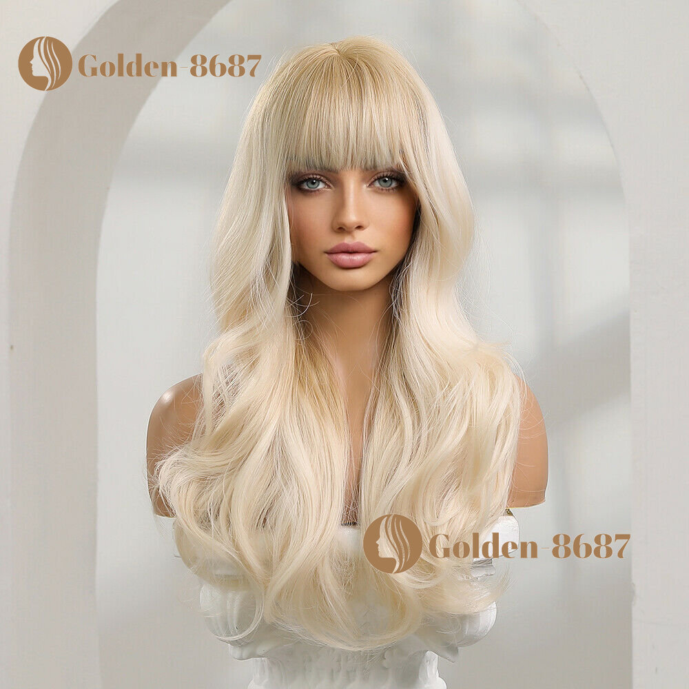 Long Wavy Platinum Blonde Hair Wigs Bangs Women Fashion Natural Daily Cosplay US