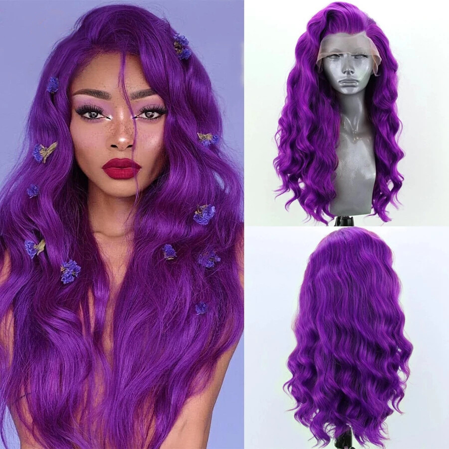 Dark Purple Long Wavy Lace Front Wigs Synthetic Cosplay Party heat resistant Wig