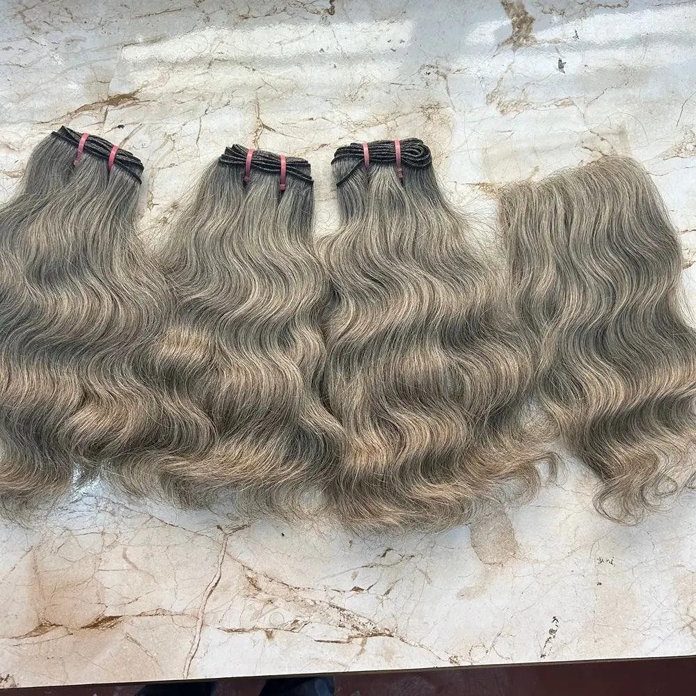 Gray human hair bundles with closure