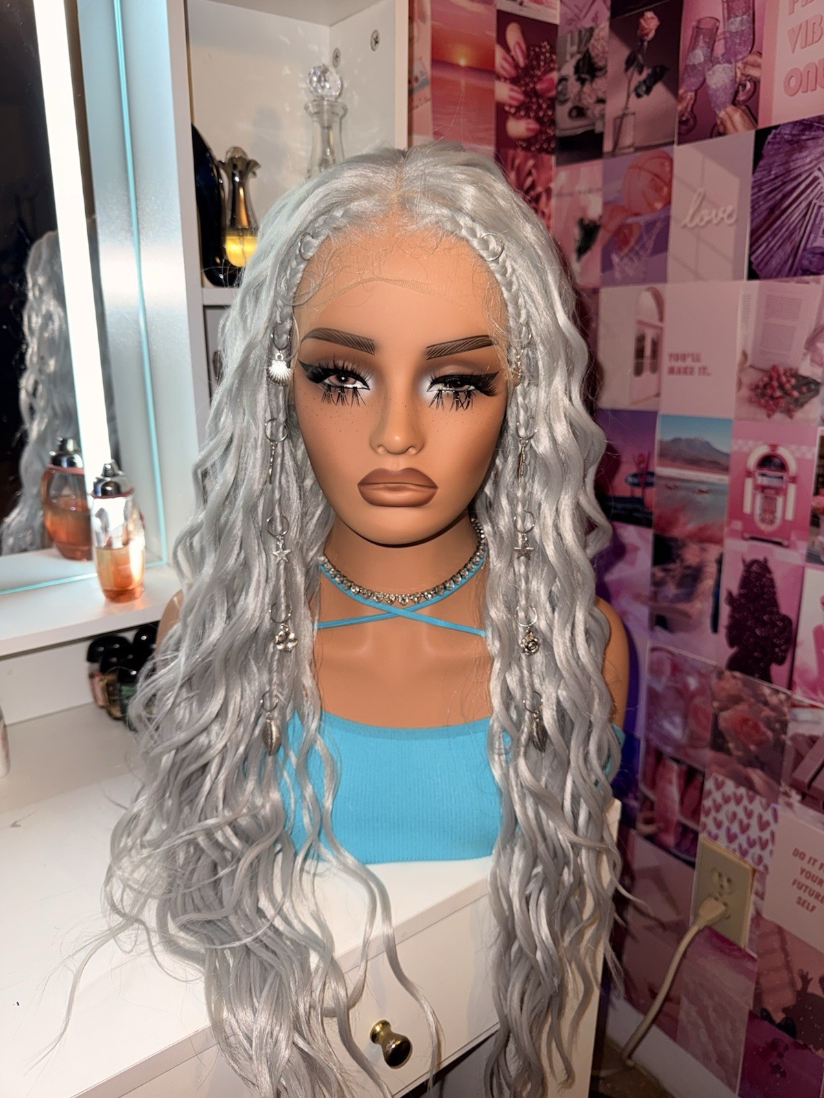 Luxury Silver Gray Braided Lace Front Wig – Long Wavy – Hair Jewelry Included