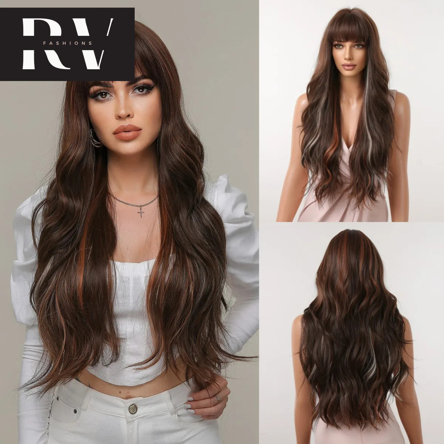 Brown Mixed Red Wig Long Wavy Wigs with Bangs Blonde Cosplay Wig Natural Hair