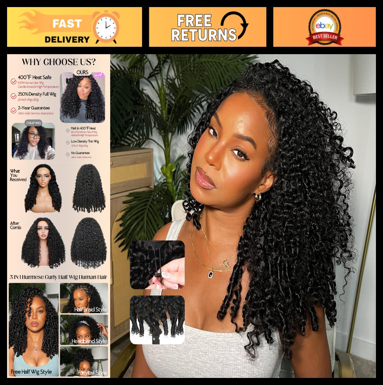 250% Density 20″ Burmese Curly Half Wig – 100% Human Hair, Glueless, Seamless, 3