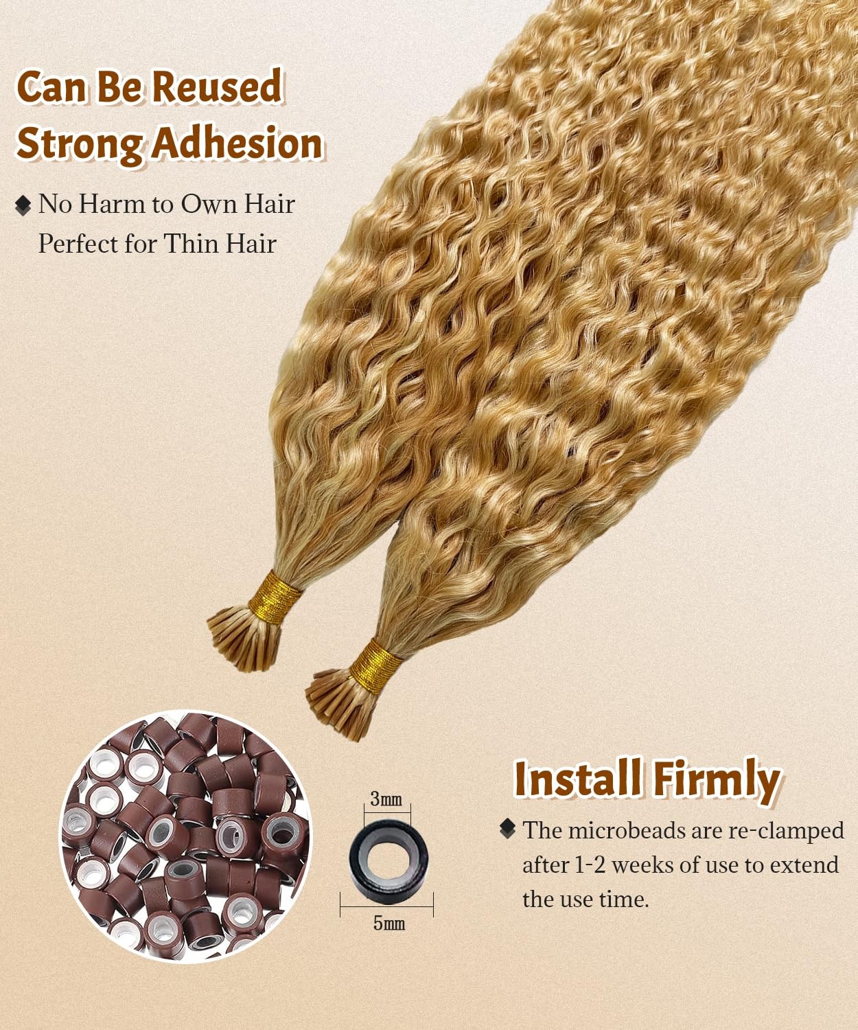 Belaved 27P613 Curly I Tip Hair Extensions Human Hair Water Wave Cold Fusion