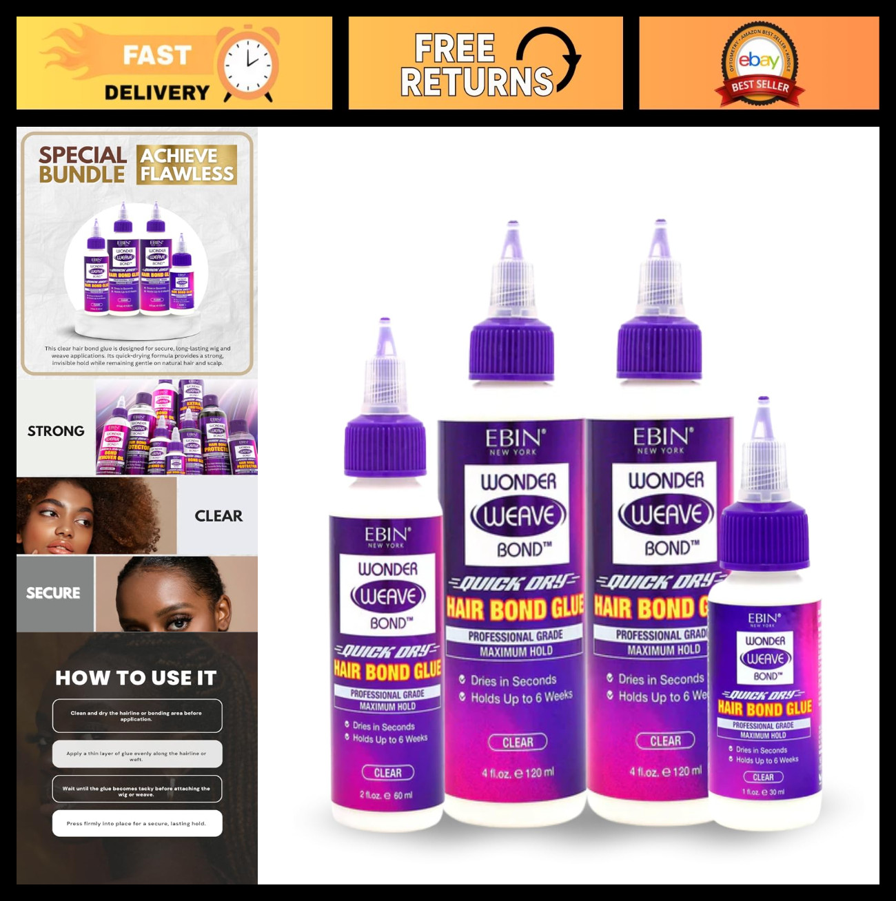 Wig Glue Bundle – 4oz Clear Hair Bond, Quick Dry, Strong Hold, Long-Lasting Weav