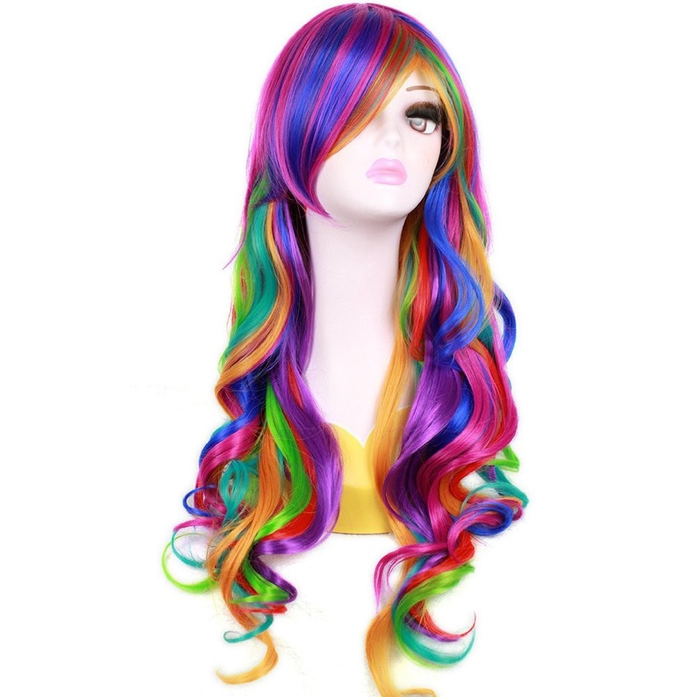 Rainbow Wig Long Curly Wig with Bangs for Women Colorful Wigs Long Wavy Rainb…