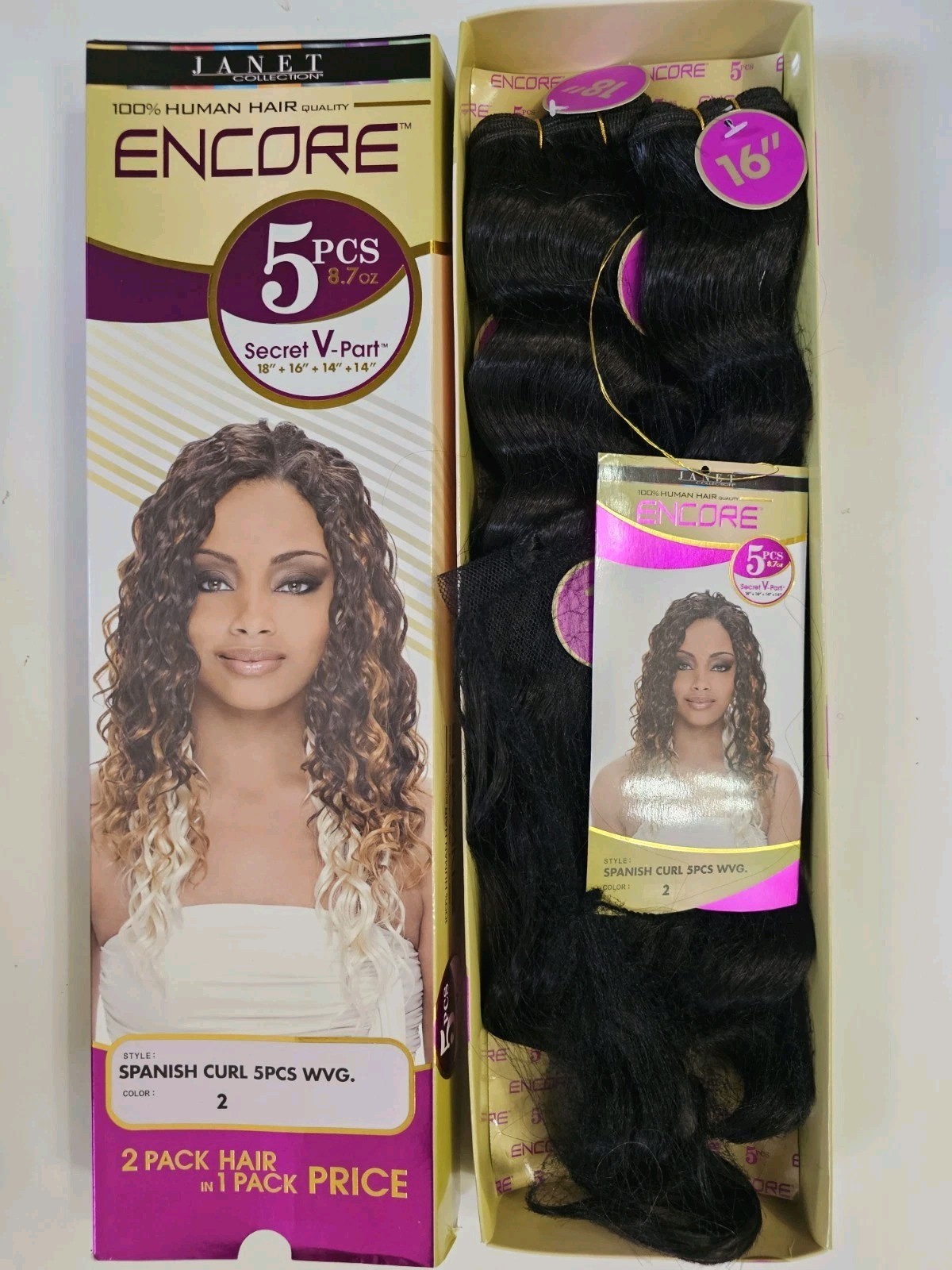 100% HUMAN HAIR QUALITY Encore Janet Spanish Curl 5 PIECES SECRET V PART