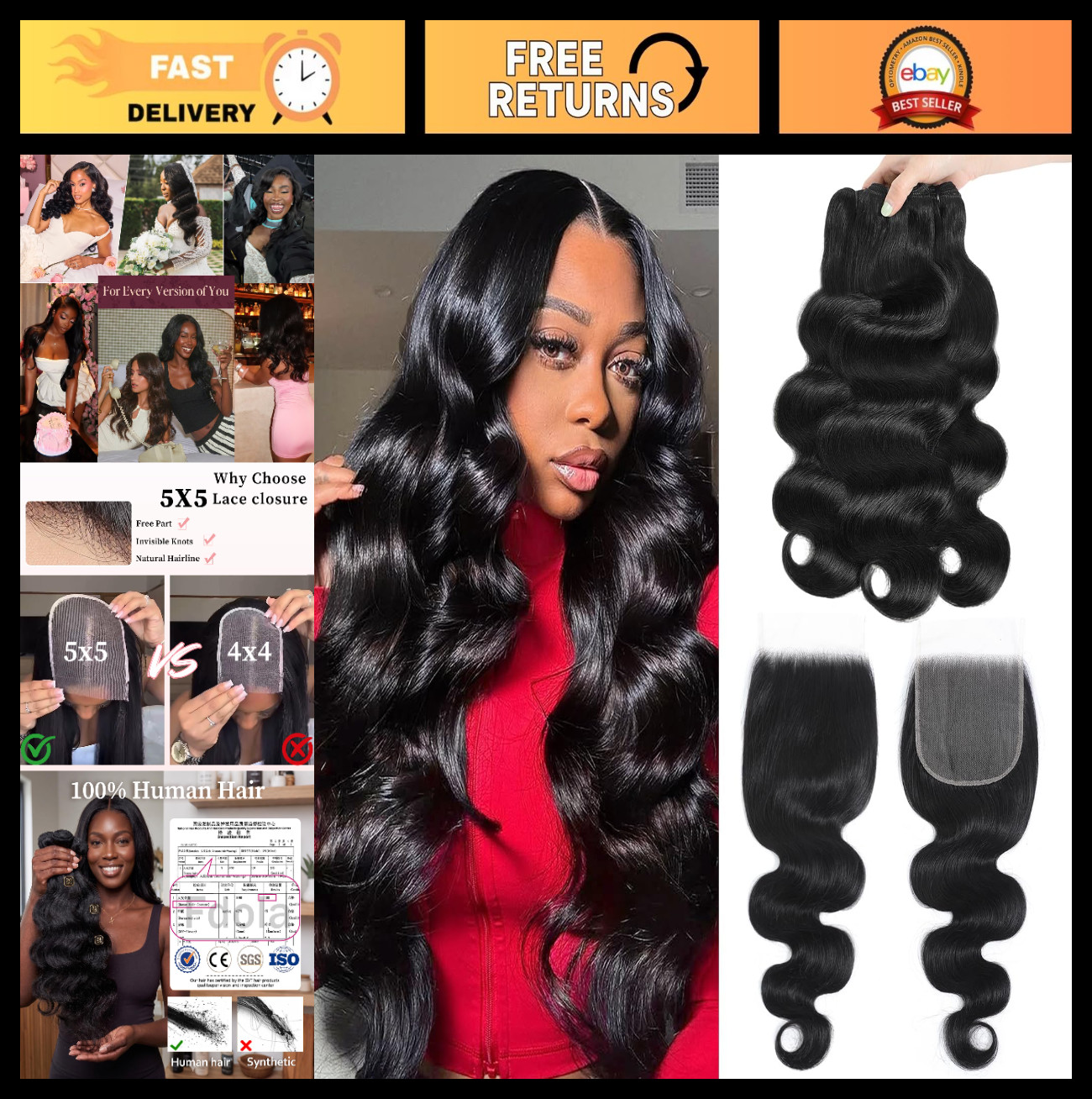 12A Body Wave Hair Bundles with 5×5 HD Lace Closure, 20-24″ Brazilian Virgin Hai