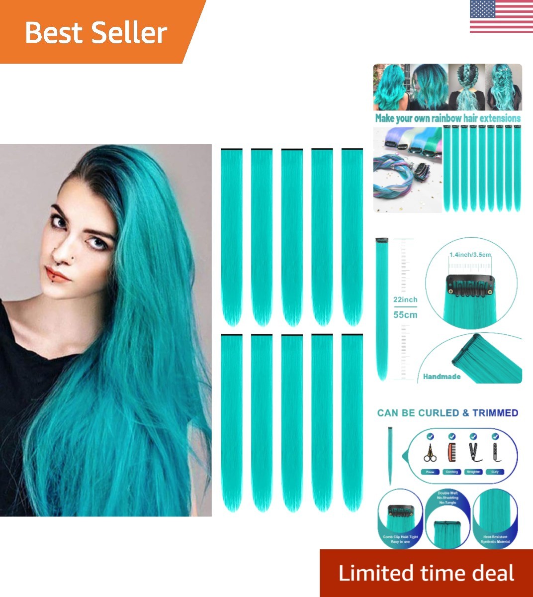 10 PCS 22-Inch Teal Blue Clip-In Extensions – Easy Styling for Women & Girls