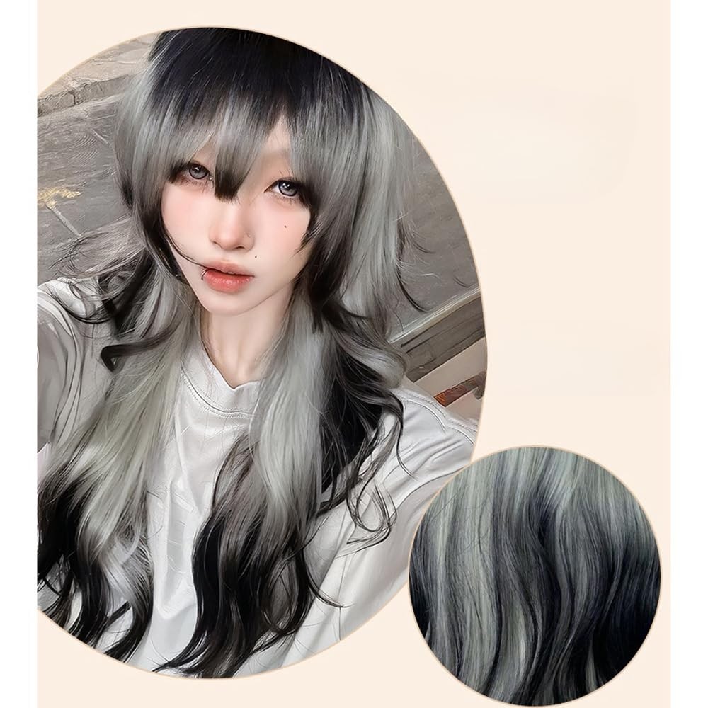 Black White Ombre Long Wavy Wig for Women Lolita Synthetic Curly Hair Wig wit…