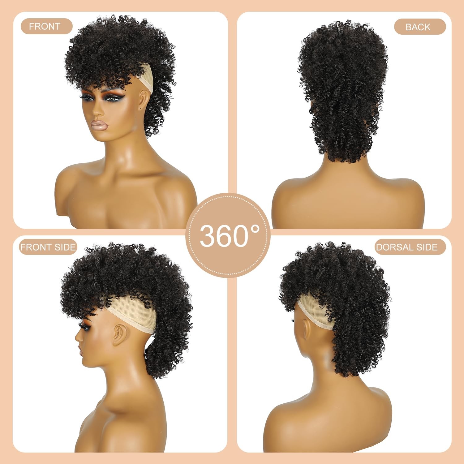 Mohawk Wig Kinky Curly Natural Black Ponytail with Bangs – Clip on Extension
