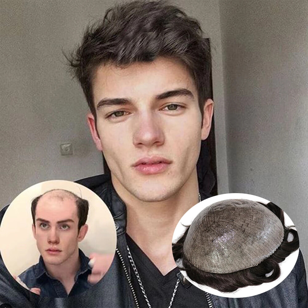 Full Poly Mens Toupee 8×10 Injected PU Human Hair Capillary Prosthesis Thin Skin