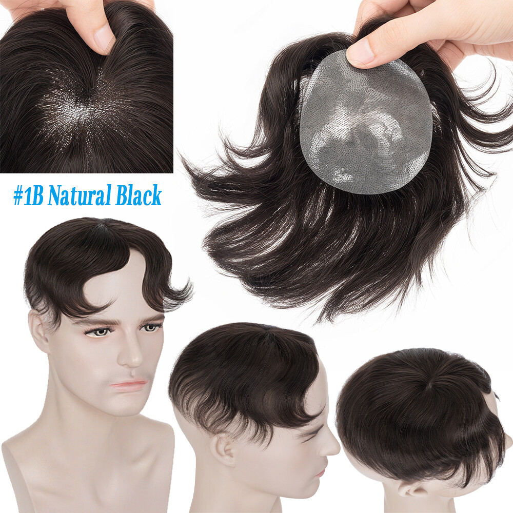 Men’s Remy Human Hair Patches Pieces Toupee for Top Head Hair Loss Thin Skin PU
