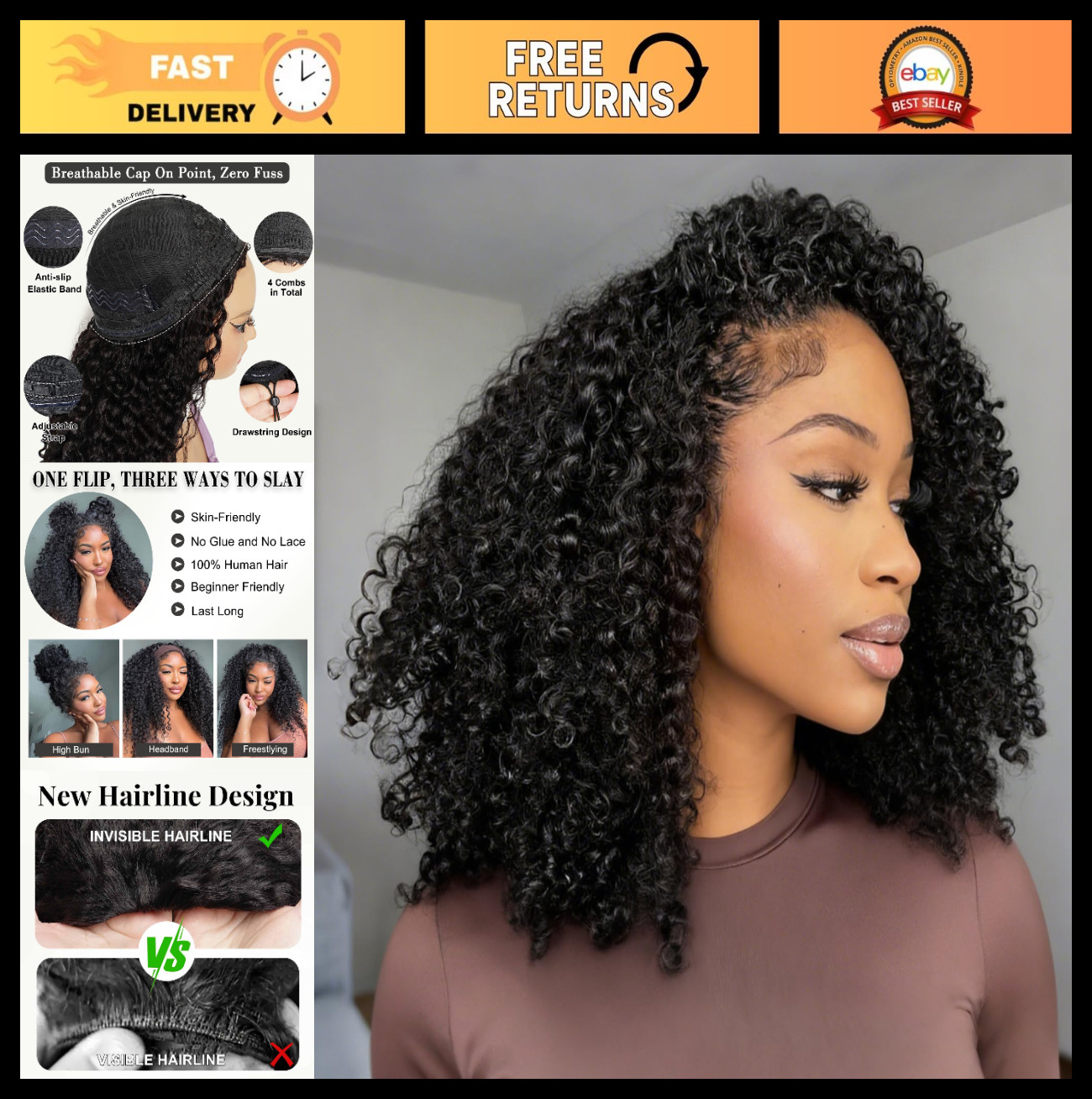 Kinky Curly Half Wig 20″ | 200% Density Glueless Drawstring Headband Wig for Wom