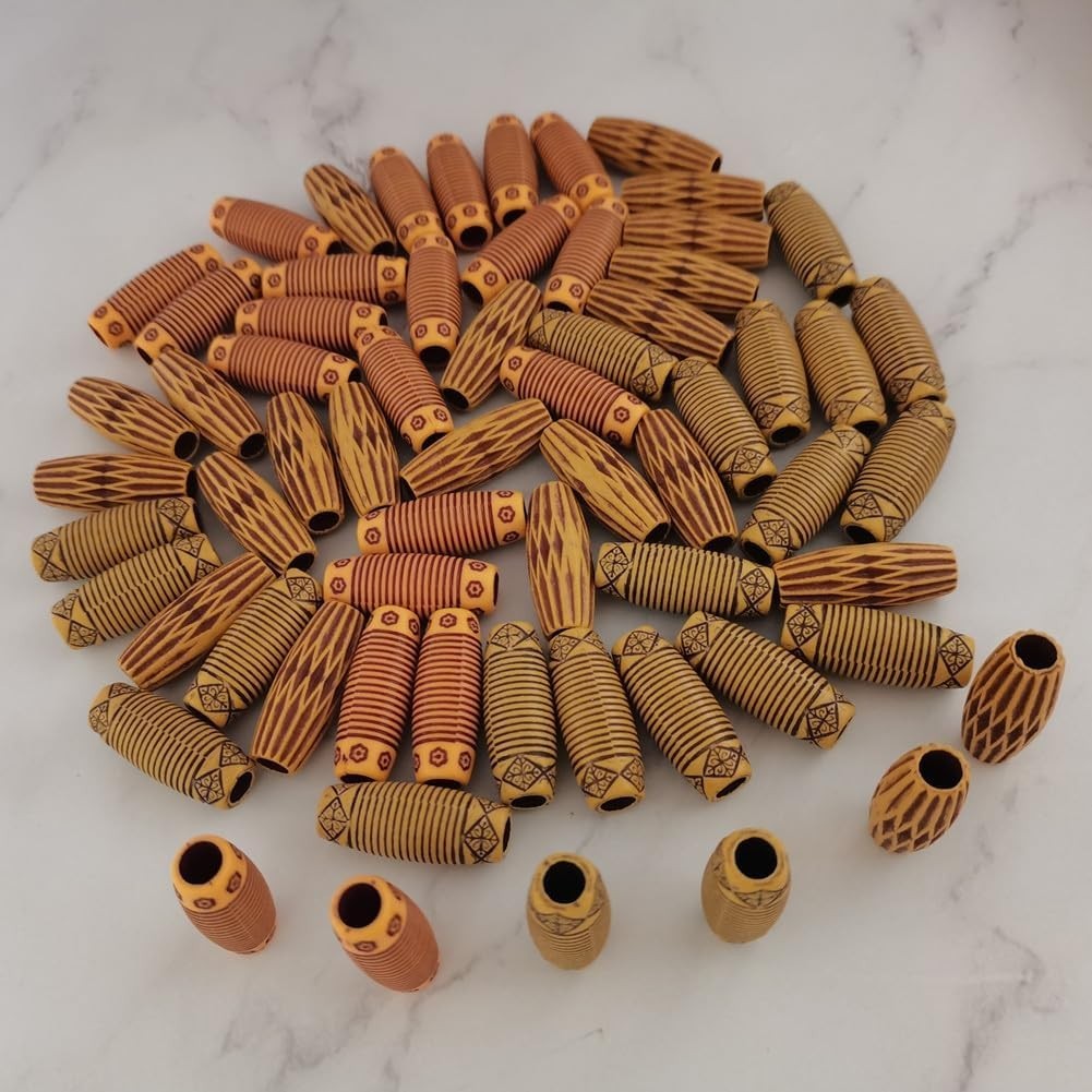 60PCS Dreadlocks Wood-Like Hair Jewelry Imitation Wood Long Tube Beads Plastic
