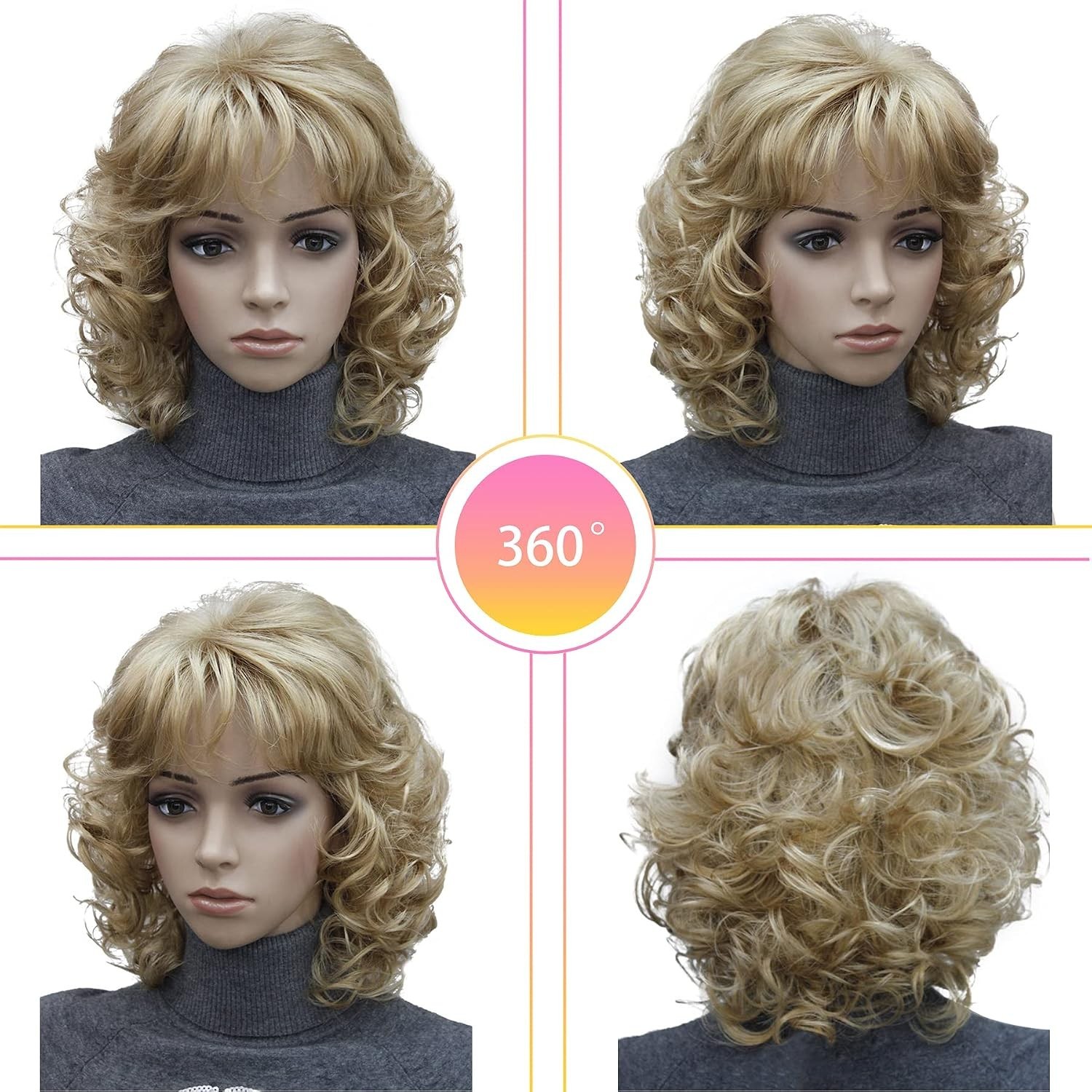 12 Inch Curly Wavy Blonde Wig with Bangs – Heat Resistant & Natural Look