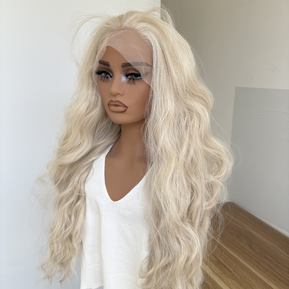 Frontal T Lace Wig Heat Resistant Synthetic Hair Long Wavy Mixed Blonde