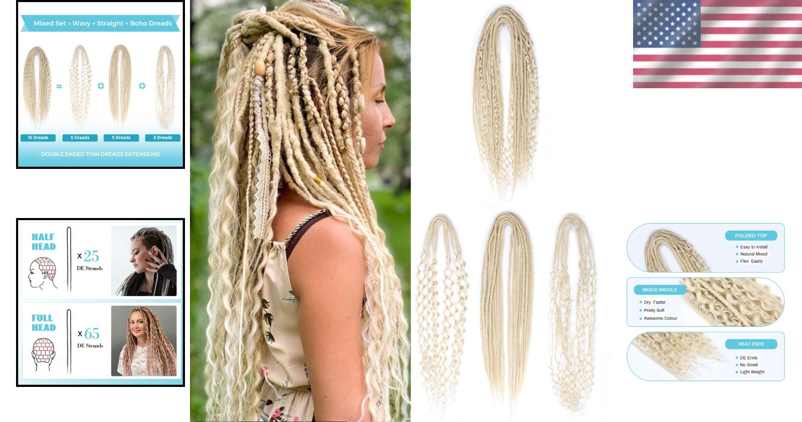 Unique Style Double Ended Dreads Extensions Set – 24″ Blonde;